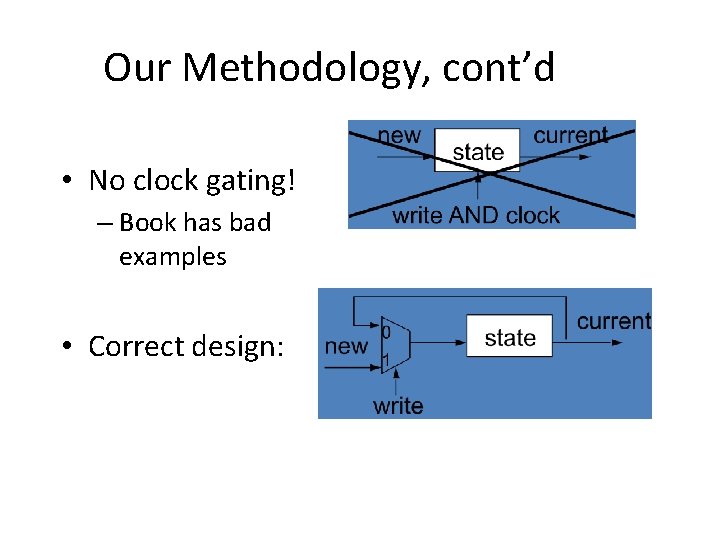 Our Methodology, cont’d • No clock gating! – Book has bad examples • Correct