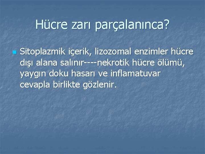 Hücre zarı parçalanınca? n Sitoplazmik içerik, lizozomal enzimler hücre dışı alana salınır----nekrotik hücre ölümü,