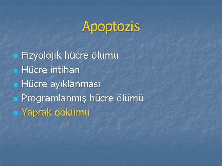 Apoptozis n n n Fizyolojik hücre ölümü Hücre intiharı Hücre ayıklanması Programlanmış hücre ölümü