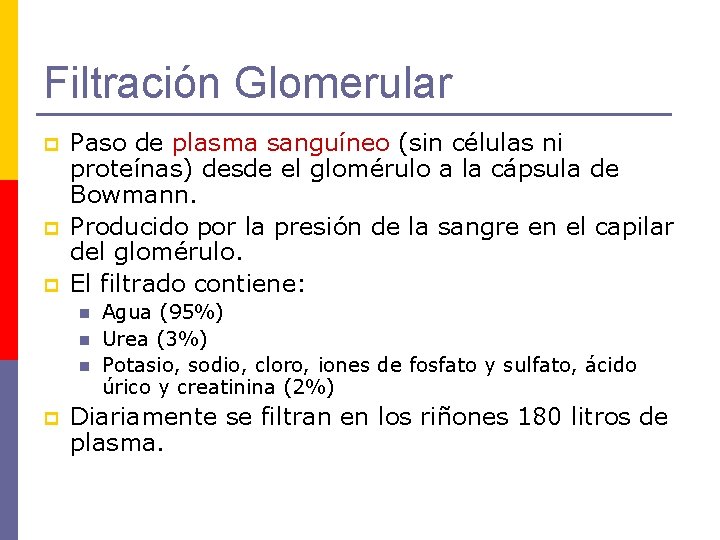Filtración Glomerular p p p Paso de plasma sanguíneo (sin células ni proteínas) desde Filtración Glomerular p p p Paso de plasma sanguíneo (sin células ni proteínas) desde