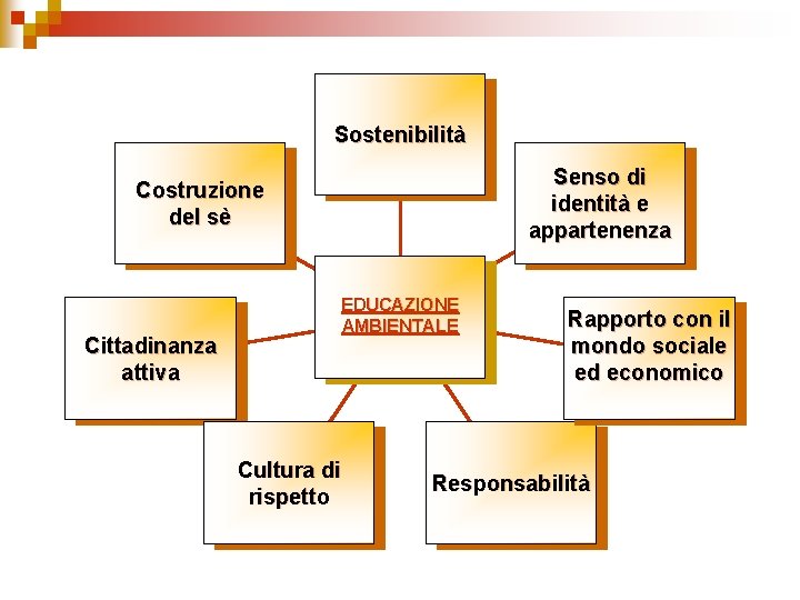 Sostenibilità Senso di identità e appartenenza Costruzione del sè Cittadinanza attiva EDUCAZIONE AMBIENTALE Cultura