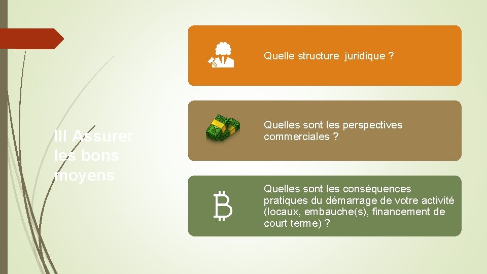 Quelle structure juridique ? III Assurer les bons moyens Quelles sont les perspectives commerciales