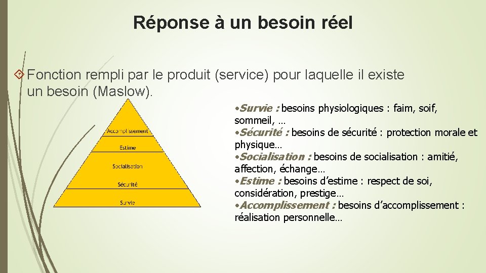 Réponse à un besoin réel Fonction rempli par le produit (service) pour laquelle il