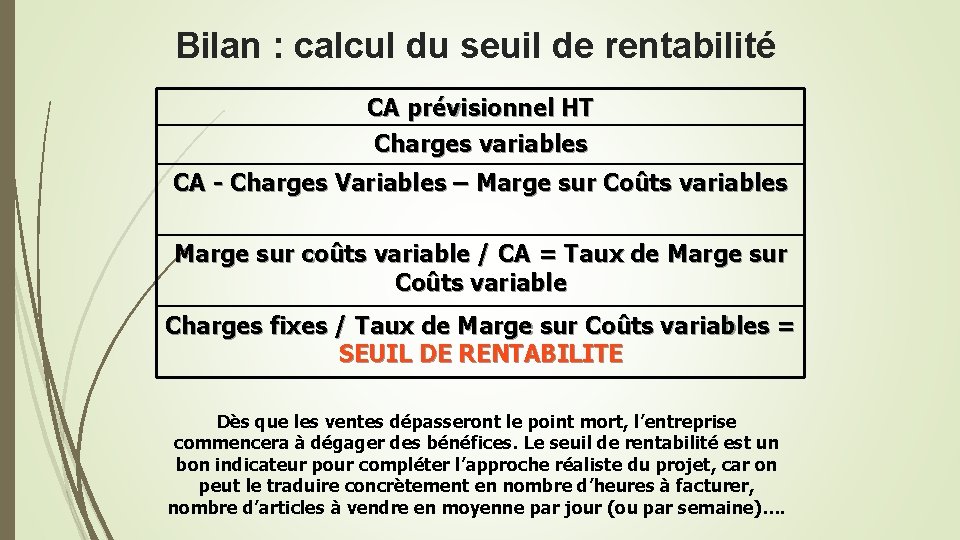 Bilan : calcul du seuil de rentabilité CA prévisionnel HT Charges variables CA -