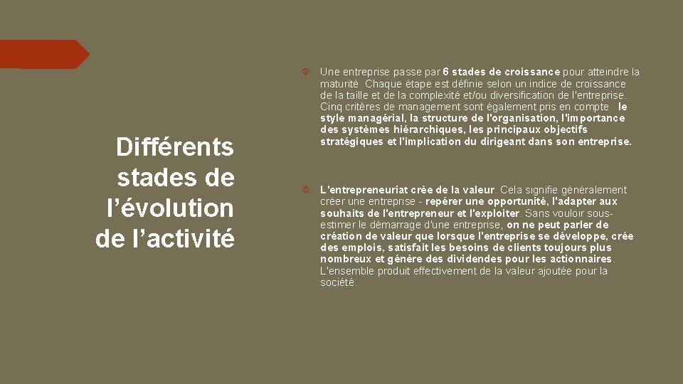 Différents stades de l’évolution de l’activité Une entreprise passe par 6 stades de croissance