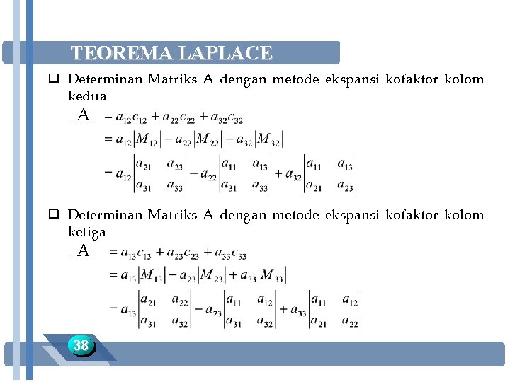 TEOREMA LAPLACE q Determinan Matriks A dengan metode ekspansi kofaktor kolom kedua |A| q