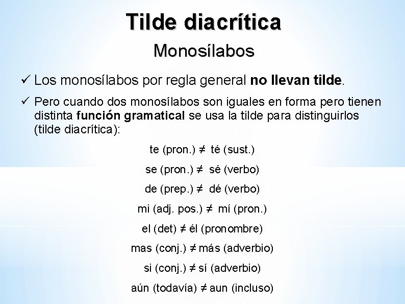 Tilde diacrítica Monosílabos Los monosílabos por regla general no llevan tilde. Pero cuando dos