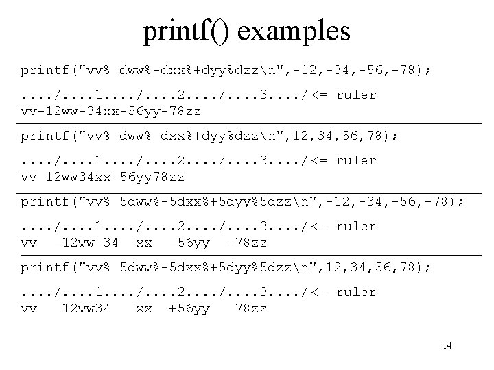 printf() examples printf("vv% dww%-dxx%+dyy%dzzn", -12, -34, -56, -78); . . /. . 1. . printf() examples printf("vv% dww%-dxx%+dyy%dzzn", -12, -34, -56, -78); . . /. . 1. .