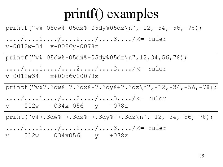 printf() examples printf("v% 05 dw%-05 dx%+05 dy%05 dzn", -12, -34, -56, -78); . . printf() examples printf("v% 05 dw%-05 dx%+05 dy%05 dzn", -12, -34, -56, -78); . .