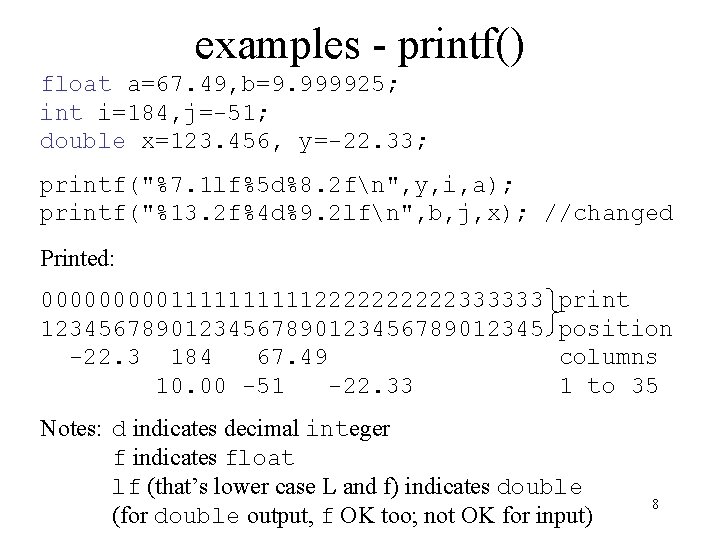 examples - printf() float a=67. 49, b=9. 999925; int i=184, j=-51; double x=123. 456, examples - printf() float a=67. 49, b=9. 999925; int i=184, j=-51; double x=123. 456,