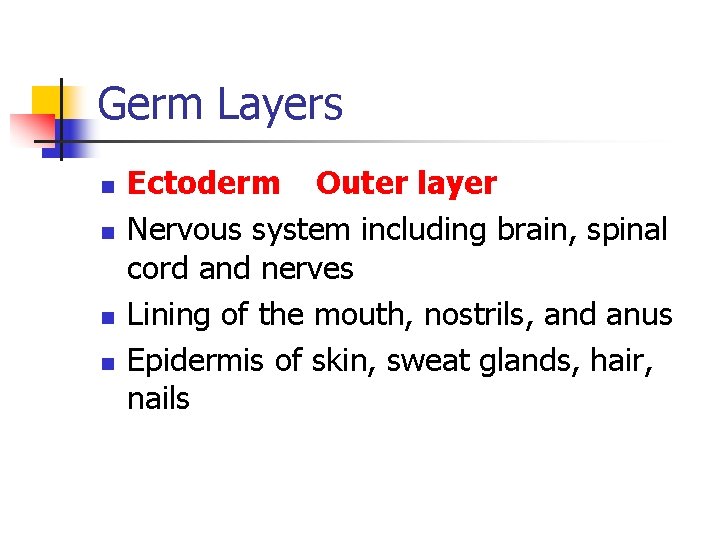 Germ Layers n n Ectoderm Outer layer Nervous system including brain, spinal cord and
