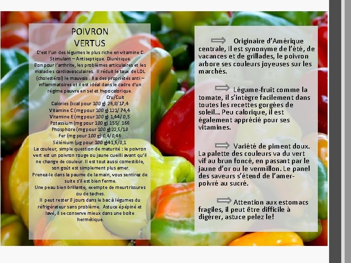 POIVRON VERTUS C’est l’un des légumes le plus riche en vitamine C. Stimulant –