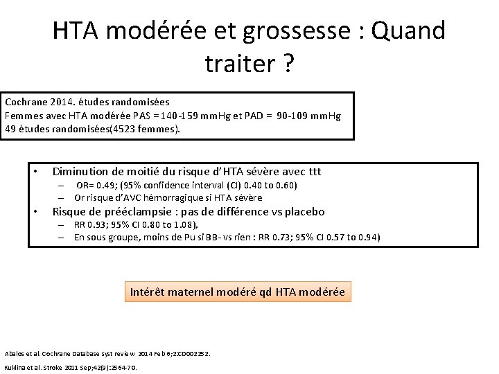 HTA modérée et grossesse : Quand traiter ? Cochrane 2014. études randomisées Femmes avec