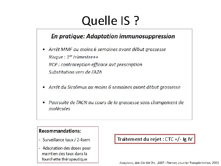 Quelle IS ? Traitement du rejet : CTC +/- Ig IV 