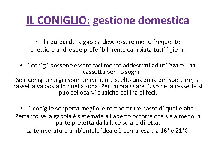 IL CONIGLIO: gestione domestica • la pulizia della gabbia deve essere molto frequente la