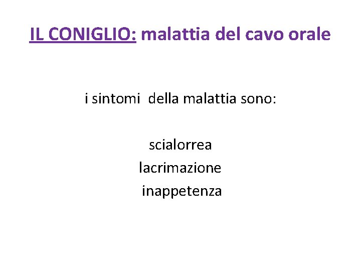 IL CONIGLIO: malattia del cavo orale i sintomi della malattia sono: scialorrea lacrimazione inappetenza