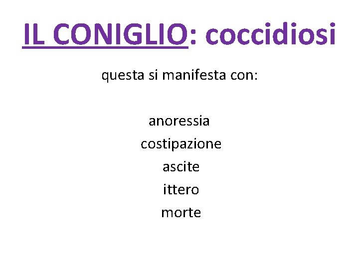 IL CONIGLIO: coccidiosi questa si manifesta con: anoressia costipazione ascite ittero morte 