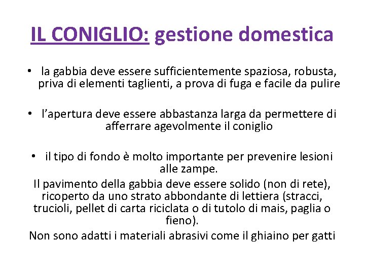 IL CONIGLIO: gestione domestica • la gabbia deve essere sufficientemente spaziosa, robusta, priva di