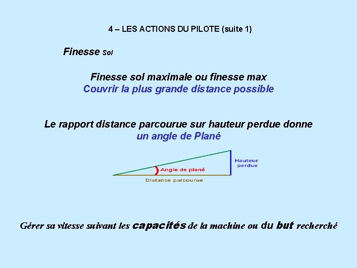 4 – LES ACTIONS DU PILOTE (suite 1) Finesse Sol Finesse sol maximale ou