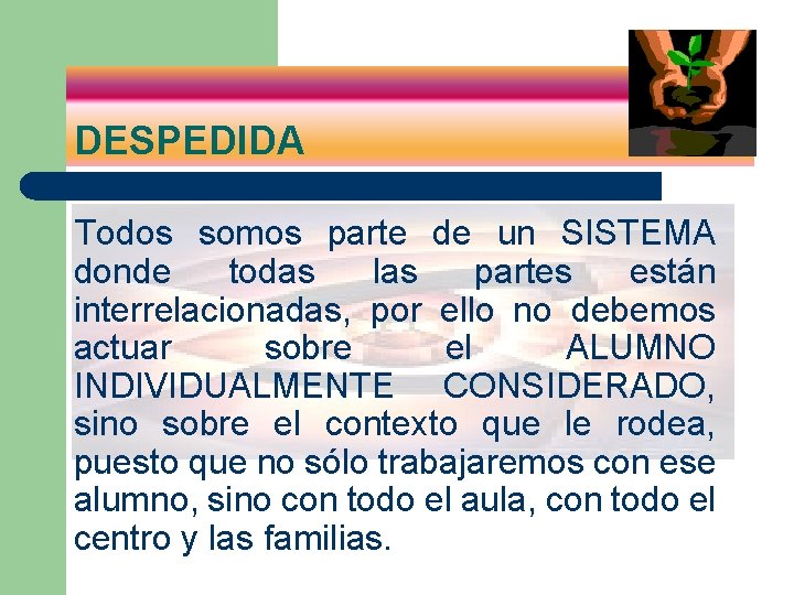 DESPEDIDA Todos somos parte de un SISTEMA donde todas las partes están interrelacionadas, por