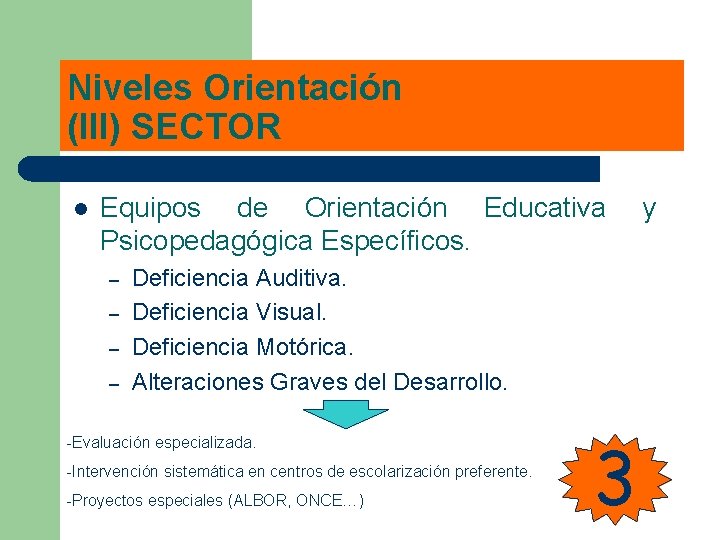 Niveles Orientación (III) SECTOR l Equipos de Orientación Educativa Psicopedagógica Específicos. – – Deficiencia