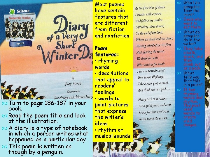 Most poems have certain features that are different from fiction and nonfiction. Turn to Most poems have certain features that are different from fiction and nonfiction. Turn to
