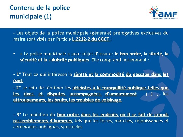 Contenu de la police municipale (1) - Les objets de la police municipale (générale)