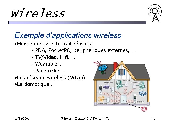 Wireless Exemple d’applications wireless • Mise en oeuvre du tout réseaux - PDA, Pocket. Wireless Exemple d’applications wireless • Mise en oeuvre du tout réseaux - PDA, Pocket.