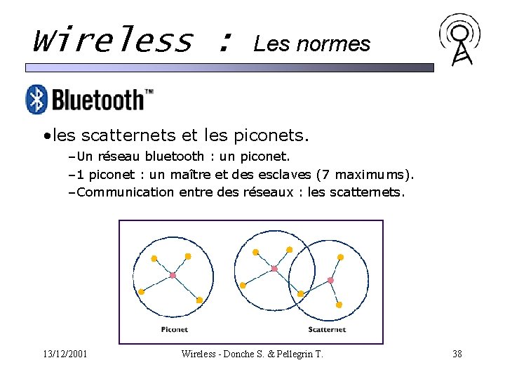 Wireless : Les normes • les scatternets et les piconets. –Un réseau bluetooth : Wireless : Les normes • les scatternets et les piconets. –Un réseau bluetooth :