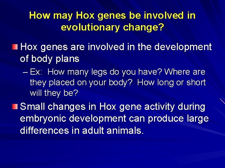 How may Hox genes be involved in evolutionary change? Hox genes are involved in