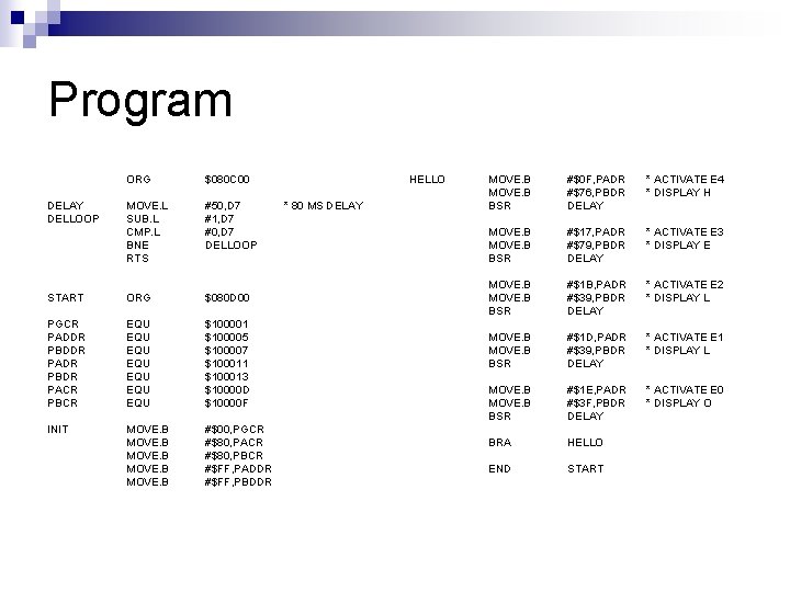 Program ORG $080 C 00 MOVE. L SUB. L CMP. L BNE RTS #50,