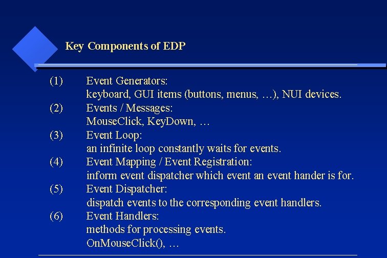 Key Components of EDP (1) (2) (3) (4) (5) (6) Event Generators: keyboard, GUI