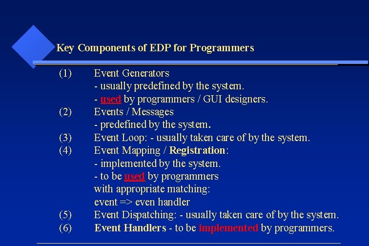 Key Components of EDP for Programmers (1) (2) (3) (4) (5) (6) Event Generators