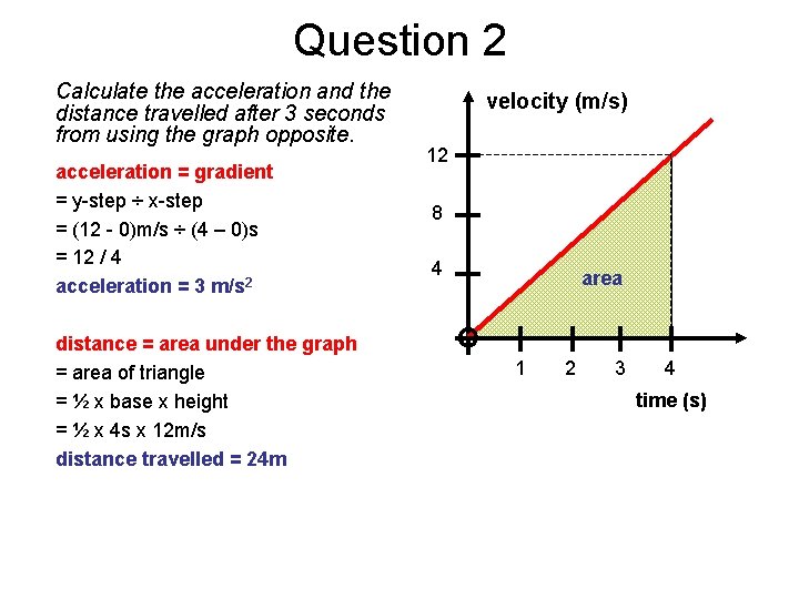 Question 2 Calculate the acceleration and the distance travelled after 3 seconds from using