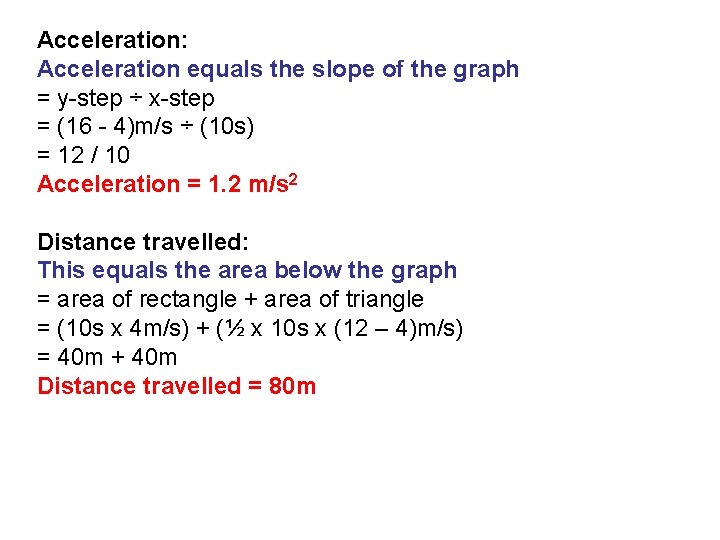 Acceleration: Acceleration equals the slope of the graph = y-step ÷ x-step = (16
