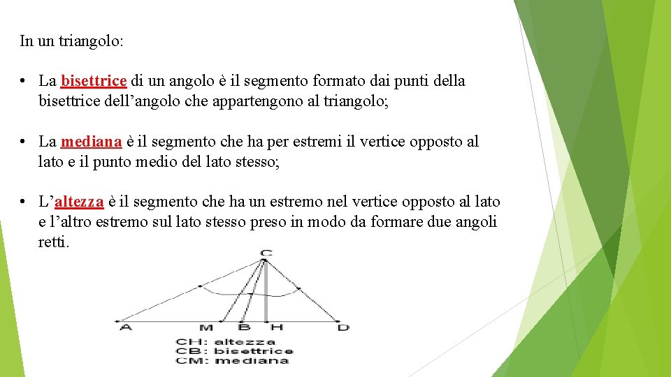 In un triangolo: • La bisettrice di un angolo è il segmento formato dai