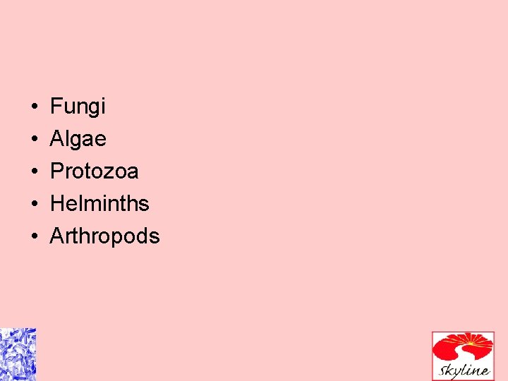 • • • Fungi Algae Protozoa Helminths Arthropods • • • Fungi Algae Protozoa Helminths Arthropods