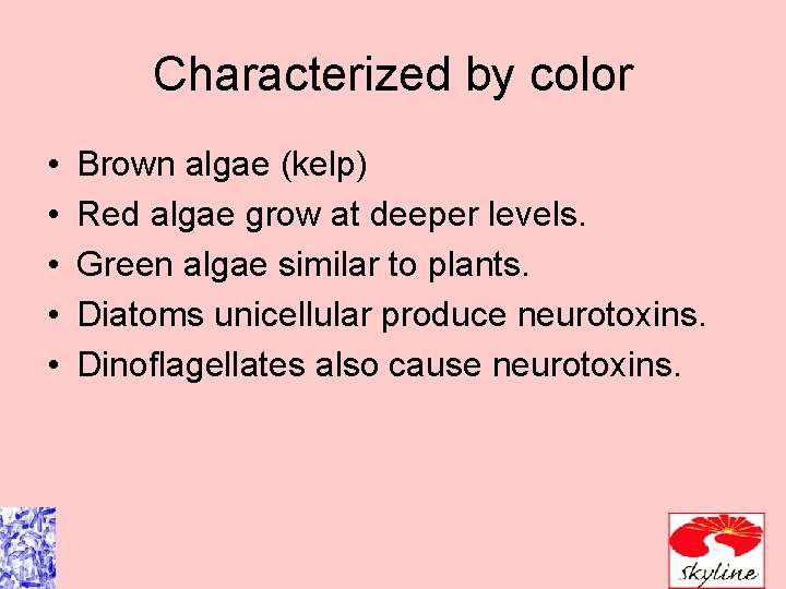 Characterized by color • • • Brown algae (kelp) Red algae grow at deeper Characterized by color • • • Brown algae (kelp) Red algae grow at deeper