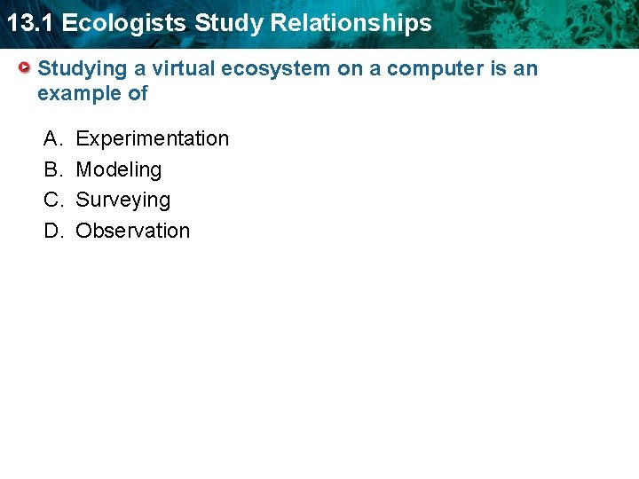 13. 1 Ecologists Study Relationships Studying a virtual ecosystem on a computer is an