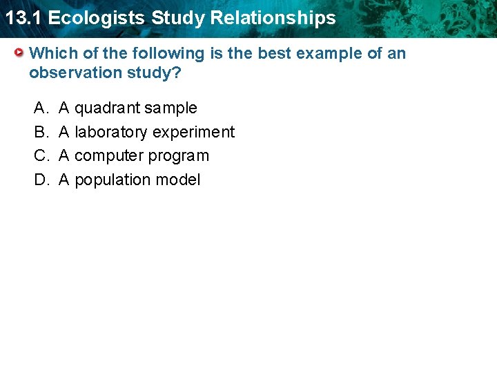 13. 1 Ecologists Study Relationships Which of the following is the best example of