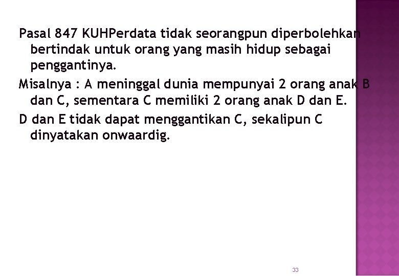 Pasal 847 KUHPerdata tidak seorangpun diperbolehkan bertindak untuk orang yang masih hidup sebagai penggantinya.