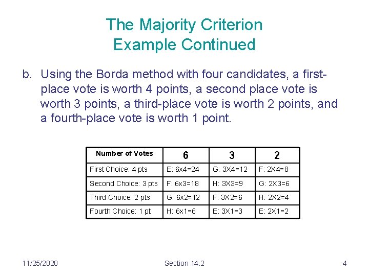 The Majority Criterion Example Continued b. Using the Borda method with four candidates, a The Majority Criterion Example Continued b. Using the Borda method with four candidates, a