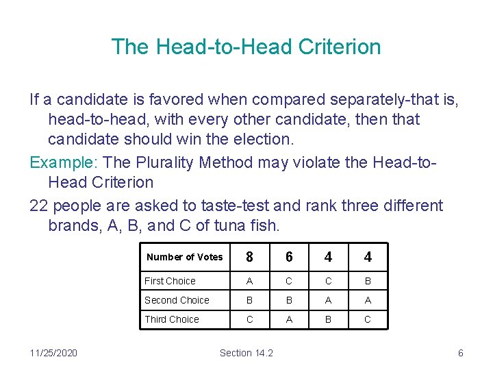 The Head-to-Head Criterion If a candidate is favored when compared separately-that is, head-to-head, with The Head-to-Head Criterion If a candidate is favored when compared separately-that is, head-to-head, with