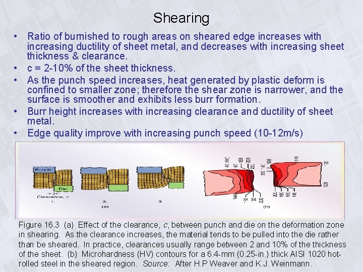 Shearing • Ratio of burnished to rough areas on sheared edge increases with increasing