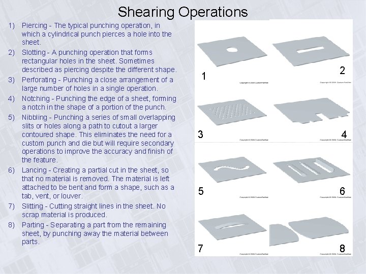 Shearing Operations 1) Piercing - The typical punching operation, in which a cylindrical punch