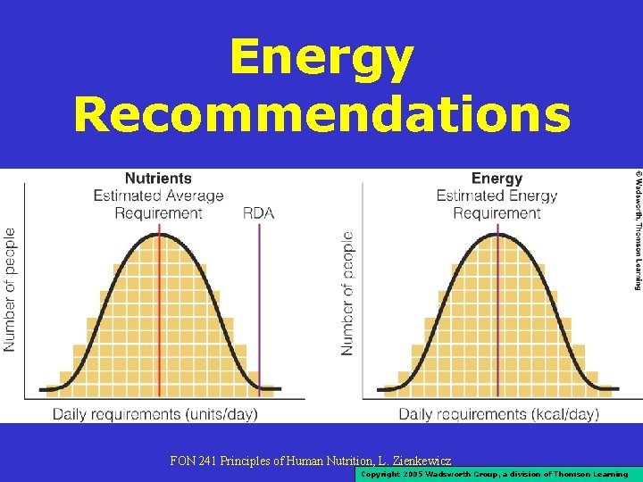 Energy Recommendations FON 241 Principles of Human Nutrition, L. Zienkewicz Copyright 2005 Wadsworth Group, Energy Recommendations FON 241 Principles of Human Nutrition, L. Zienkewicz Copyright 2005 Wadsworth Group,