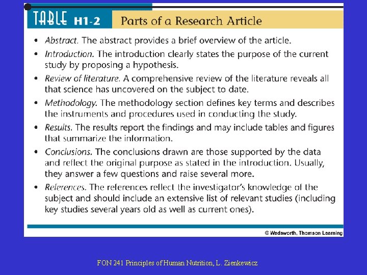 Table H 1 -2 Page 34 FON 241 Principles of Human Nutrition, L. Zienkewicz Table H 1 -2 Page 34 FON 241 Principles of Human Nutrition, L. Zienkewicz