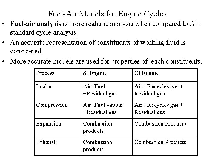 Fuel-Air Models for Engine Cycles • Fuel-air analysis is more realistic analysis when compared