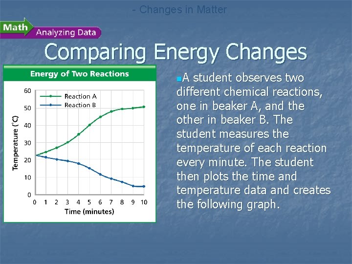 - Changes in Matter Comparing Energy Changes n. A student observes two different chemical