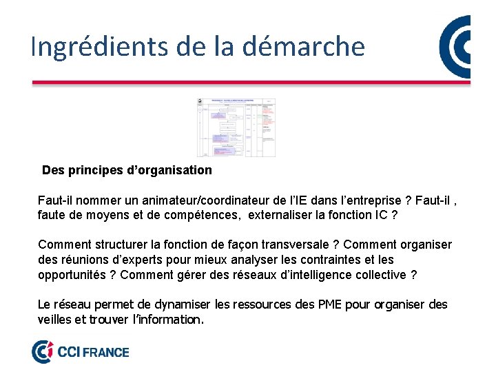 Ingrédients de la démarche Des principes d’organisation Faut-il nommer un animateur/coordinateur de l’IE dans